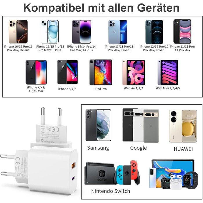 Зарядний пристрій USB-C 25W з адаптером USB [2 в 1] (2 шт.) для iPhone/iPad/навушників/телефону. Мережевий адаптер, багатофункціональний зарядний пристрій, підтримка PD 3.0, швидка зарядка, білий. Без кабелю.