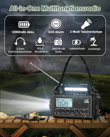 Радіоприймач Kurbelradio на 12000mAh з сонячною панеллю та ручкою, AM/FM/SW, з ліхтариком, USB-зарядкою, SOS-сигналом, для кемпінгу та надзвичайних ситуацій, зелений