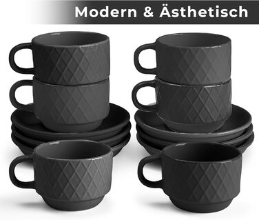 MIAMI – 6 x 75 ml Espresso Cups/Espresso Cup Set with Stand Stoneware Ceramic - Palmanova Collection (Black)