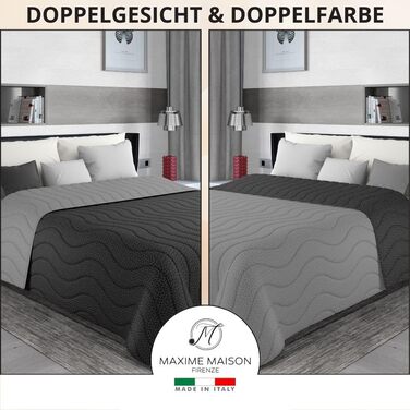 Тagesdecke 240x260 см Чорний/Сірий: двостороння постільна ковдра для дволіжка, стегане покривало з мікрофібри, Made in Italy