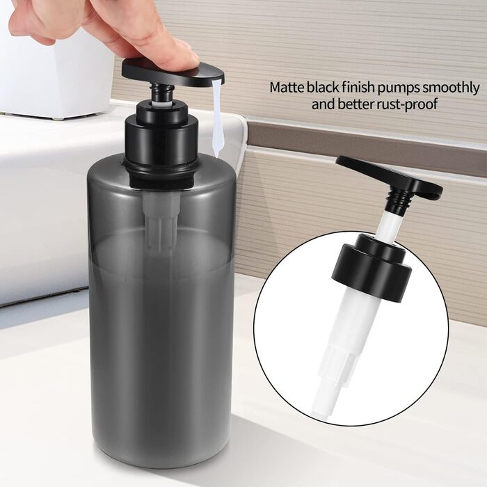 4 шт. Наповнювані порожні флакони для шампуню, 500 мл, флакони-дозатори для мила, пластикові флакони з помпою, дозатори для лосьйонів, рідкого мила, шампуню, кондиціонера, гелю для душу, наклейки (прозорий/чорний, плоский наконечник)