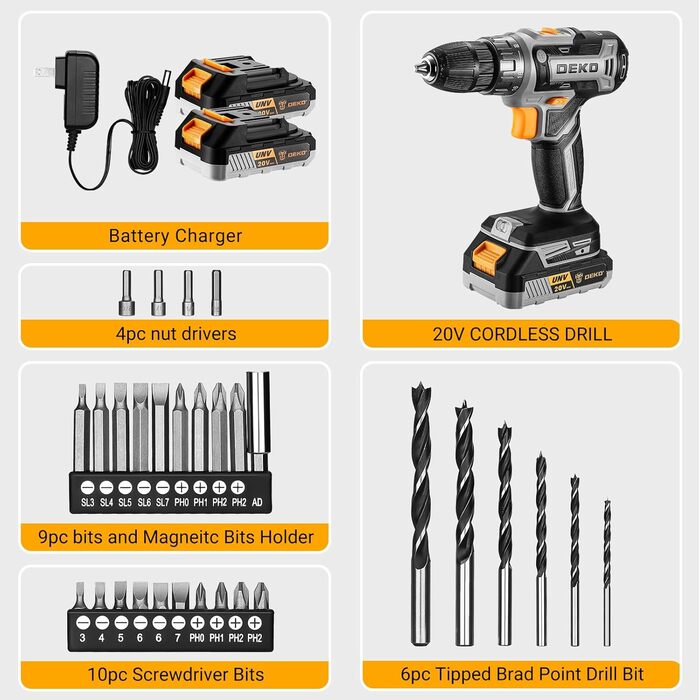 Акумуляторний шуруповерт DEKOPRO 20V 40 Nm: комплект з 2 акумуляторами, LED, 18+1 момент, для дому та DIY, сірий