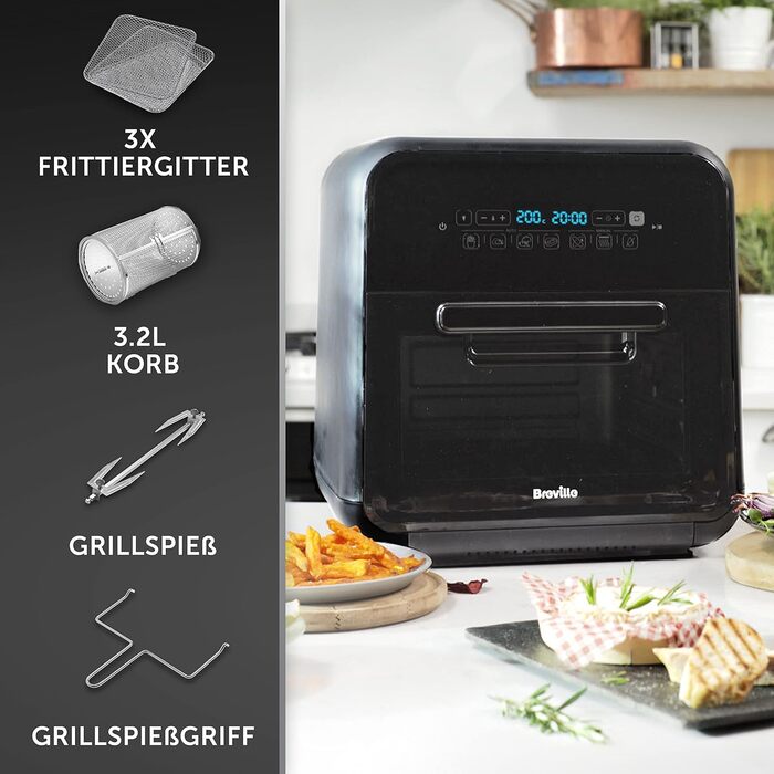 Аерофритюрниця Breville Halo з функцією гриля, цифрова, 10 л, XXL, 2000 Вт, енергоефективна, чорна та сіра, для смаження, випікання та сушіння