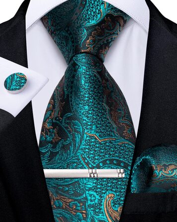 Набір краваток DiBanGu чоловічий: шовкова краватка, нагрудна хустка, запонки, зажим для краватки, блакитно-зелений візерунок Paisley, для ділових зустрічей