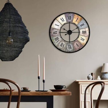Large Vintage Wall Clock Living Room, No Ticking Sound, Modern XXL Wall Clocks, Roman Numerals, Retro Decor (Metal, Ø 50cm Diameter, Antique, Colorful)