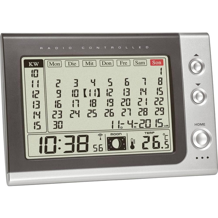 TFA Dostmann Radio Alarm Clock with Monthly Calendar, 60.2529.54, Indoor Temperature/Moon Phase Display, Calendar Function, Desk Calendar, Desk Clock, Modern, Practical, Gray
