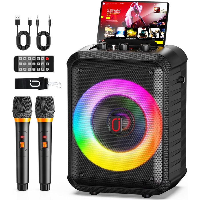Караоке машина з 2 мікрофонами, портативна Bluetooth караоке система з LED підсвічуванням, Па-система, ідеальна для домашніх вечірок та як подарунок для дорослих та дітей, чорна D13T