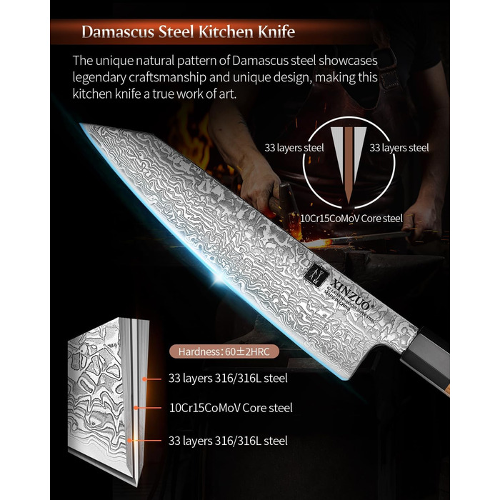 Японський ніж Kiritsuke XINZUO з дамаської сталі, 21.5 см, Gyuto, ручка з оливкового дерева та чорного рогу буйвола, ручна робота, з піхвою