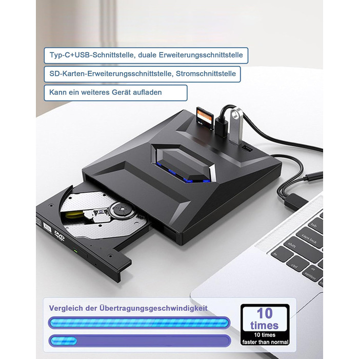 Зовнішній CD/DVD привід для ноутбука та ПК USB 3.0 & Type-C, DVD-RW записувач з картридером SD/TF та USB-хабом для Windows, Linux, Vista