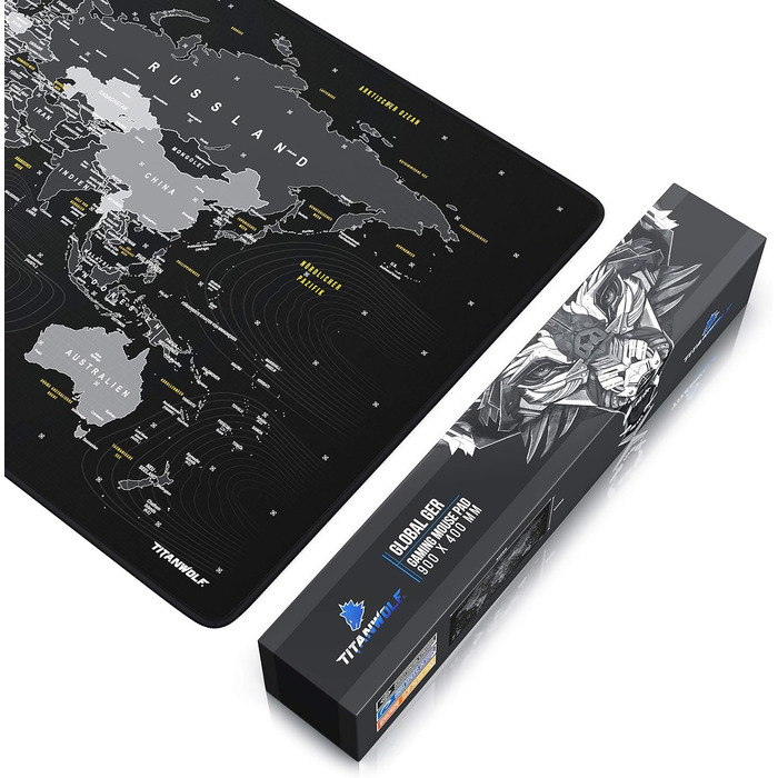 Килимок для миші TITANWOLF XXL Gaming з картою світу, 900x400x3 мм, чорний