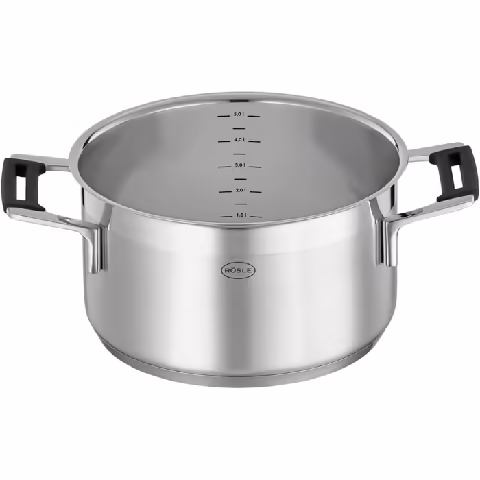 RÖSLE SILENCE PRO Cooking Pot, High-quality universal pot made of stainless steel 18/10, 24 cm, glass lid, internal scale, induction-compatible, dishwasher-safe, Silver/Black Ø 24 cm Cooking Pot