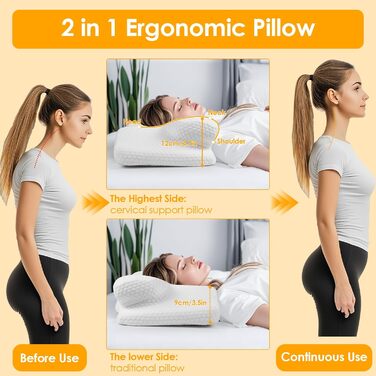 Ортопедична подушка Gaethra з Memory Foam для шиї, регульована висота, 63 x 34 x 9/12 см, білий