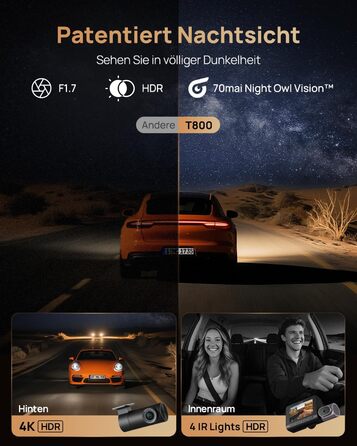 3-канальний автомобільний відеореєстратор 70mai T800E 4K (Передня, Задня, Салонна камери), HDR, ІЧ нічний режим, 24ГД нагляд, GPS, WiFi 6, Суперконденсатор, 64GB SD карта