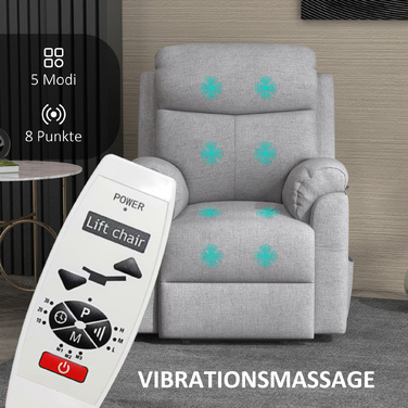 HOMCOM Electric Recliner TV Chair with Lift Assist, 5 Massage Modes, Reclining Function, Massage Chair with Footrest, Linen-Look Fabric, Side Pocket, and Remote Control, for Living Room, Grey | Aosom