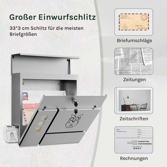 Поштовий ящик WOLTU XXL з газетницею, оглядовим вікном, замком (2 ключі), захистом від реклами, антрацит (сірий+чорний) 10,5x37x37 см