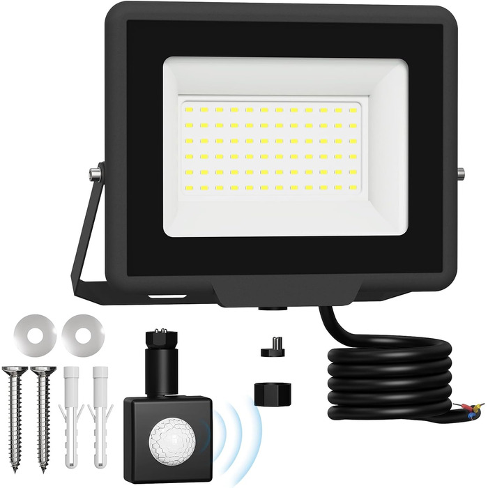 LED Floodlight Outdoor, IP65 Waterproof Outdoor Light LED Floodlight 30000LM Spotlight Floodlight, Outdoor Floodlight for Backyard, Garden, Workshop, Yard, Driveway, Doors, Garage, Hallway (Cool White with Sensor, 50W)