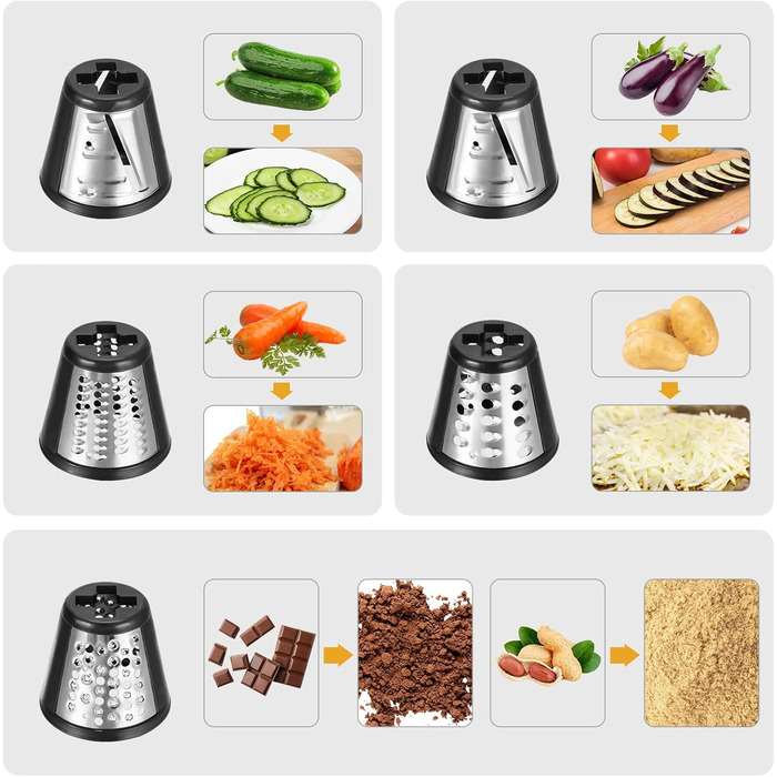 Електричний овочевий слайсер COOCHEER з нержавіючої сталі, 250W. Багатофункціональний подрібнювач з 5 лезами для овочів, сиру, картоплі, моркви, цибулі. Чорний.