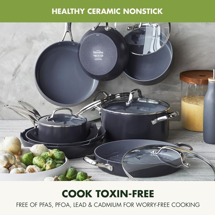 GreenPan Valencia Pro 16-Piece Cookware Set with Harteloxed, Healthy, Ceramic Non-Stick Coating, PFAS-Free, Induction, Dishwasher Safe, Oven Safe, Gray Cookware Set