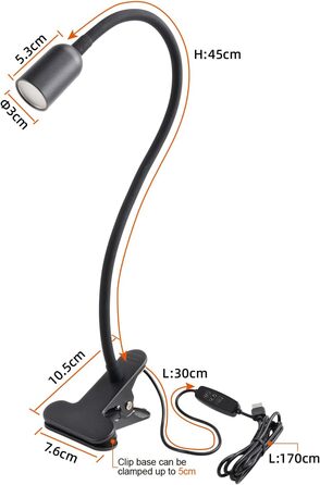 LED Лампа для читання на ліжко з кліпсою da LIGHT, настільна USB лампа з регульованою яскравістю та 3 режимами світла для навчання, роботи, чорна