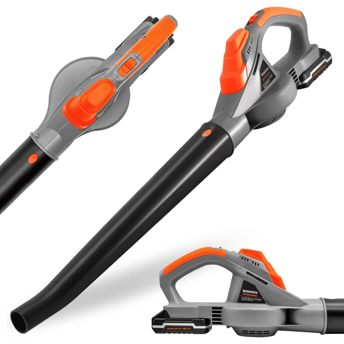 Terratek Leaf Blower, cordless, 20 V, 1 hour, fast charging, handheld leaf blower, powerful, lightweight, cordless leaf blower, garden blower with 1 x battery and charger included