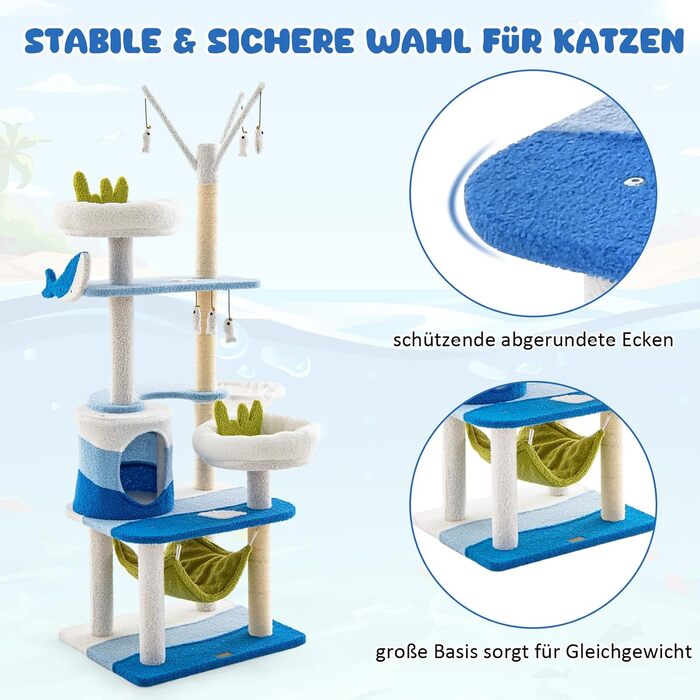 Кігтеточка для котів COSTWAY Ocean-серія з будиночком, гамаком та іграшками, блакитна (59x49x165 см)