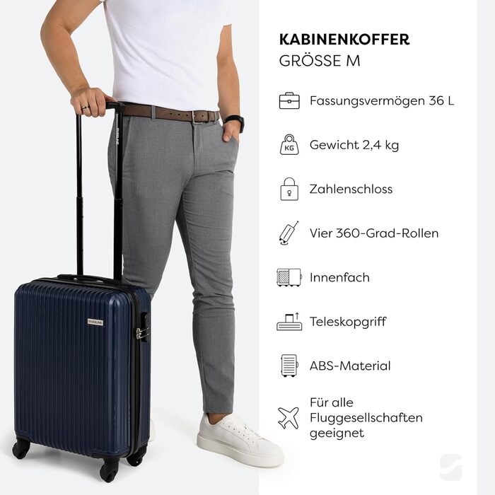 Набір валіз 3 шт: ручна, середнього та великого розміру. Чохол з ABS-пластику, 4 колеса, кодовий замок, телескопічна ручка. Набір валіз (малий + середній + великий). Колір: темно-синій, ручна валіза (M)