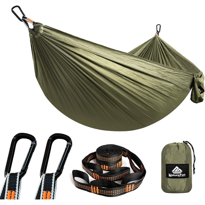 Легка туристична гамак NATUREFUN для кемпінгу | 300 кг вантажопідйомність, 275 x 140 см | Дихаючий, швидковисихаючий нейлон, 2 карабіни, 2 петлі | Для дому, саду, відпочинку на природі