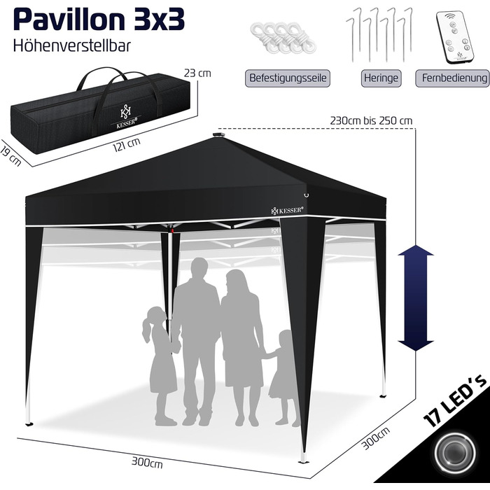 KESSER® Pavilion Folding Pavilion 3x3m with LED Lighting | Pop-Up Garden Pavilion Height Adjustable, Stable, Waterproof, Winter-Proof | Party Tent, Event Tent, UV Protection 50+ including Remote Control & Bag Black