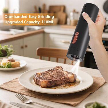 Electric Salt and Pepper Grinder Set, Rechargeable, Automatic Electric Pepper Grinder Set with Large Capacity 110ml, Externally Adjustable Coarseness, LED Light, and One-Hand Operation, Black