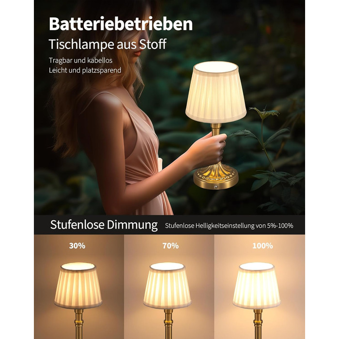 Акумуляторна настільна лампа LED з димером та сенсорним керуванням Bronze + Білий абажур для вітальні, спальні, ванної кімнати