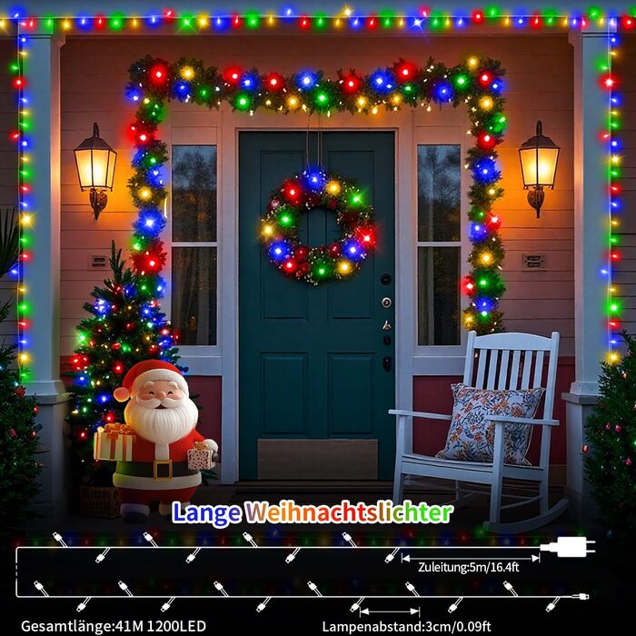 Льо́хтова́ гірля́нда JXLEDAYY для зовні́шнього викори́стання, 36 метрів, 1200 LED, 8 режимів, таймер, пульт дистанційного керування, водонепроникна, для балкона, двору, саду, вечірки, весілля (тепле біле світло)