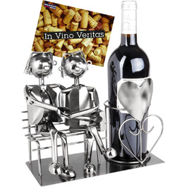 BRUBAKER Bottle Holder Men Loving Couple on Bench - Wine Bottle Holder Man + Man Silver - Bottle Stand Metal Figure Love - Metal Sculpture Gift for Married Couples with Gift Card