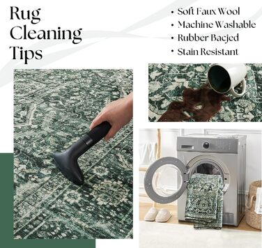 Килим миючий, з штучної вовни, світло-бежевий, для дому, під ліжко, до спальні, обідньої кімнати, під стіл, 2' x 6' (Прямокутний), темно-зелений