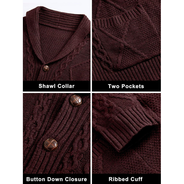 Чоловіча в'язана жилетка Comdecevis з коміром-шарфом, рельєфним в'язанням, ґудзиками, довгими рукавами, кишенями, темно-бордовий (3XL)