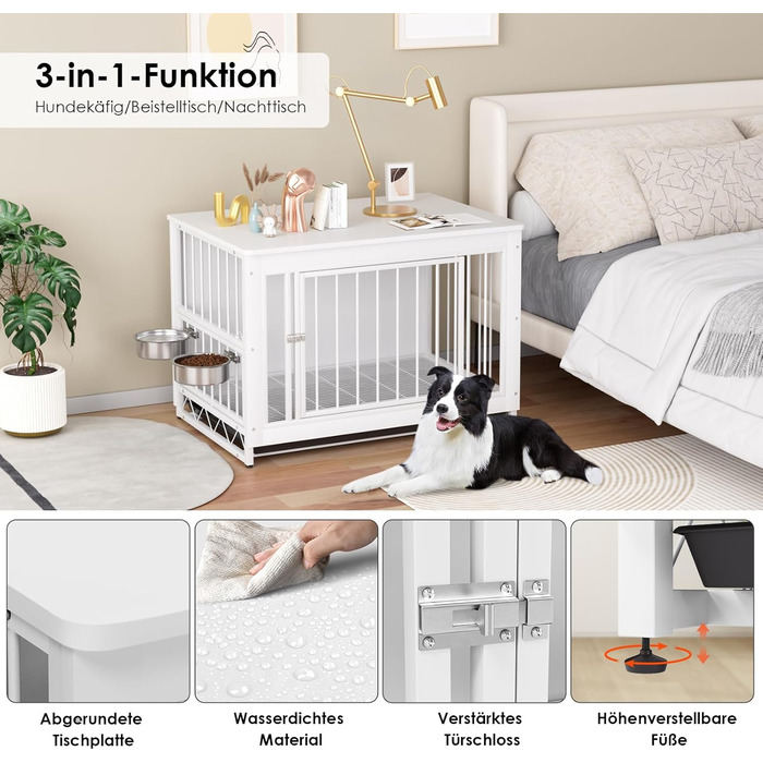 Клітка для собак для дому, дерев'яна собача будка 93x64x58 см, біла. Знімний піддон, 2 годівниці, двері. Для собак середніх та маленьких порід до 40 кг