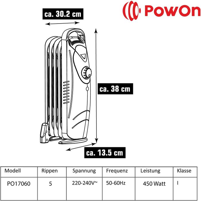 Електричний масляний радіатор PowOn 7 ребер - 450W, енергозбереження