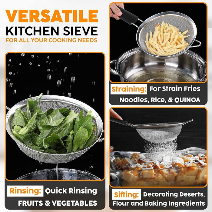 Набір сит Jojeys 3 шт. різних розмірів - металеві сита з нержавіючої сталі, дрібний фільтр - кухонне сито з нержавіючої сталі для приготування їжі, випічки - безпечне для миття в посудомийній машині (20 см з гумовою ручкою)