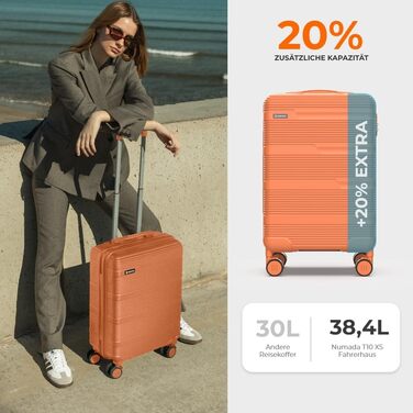 Набір валіз NUMADA Upfly T10 (4 шт.): ручна валіза 55x40x20 см, середня 60L, велика 78L, косметичка. ABS, помаранчевий колір. Міцний та надійний багажний набір.