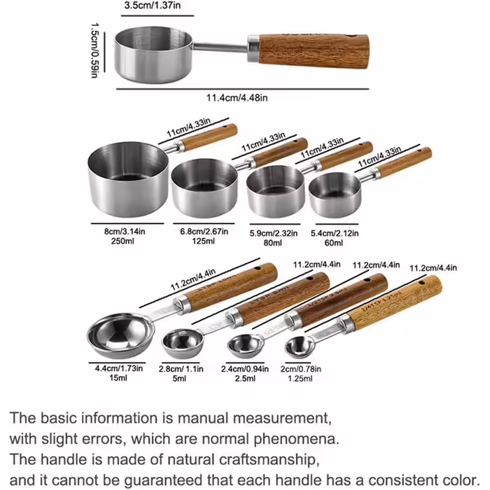 8-Piece Silver Measuring Cup Set and Measuring Spoon Set with Scale, BRIIEC Wooden Handle, Stainless Steel, Dry and Liquid Measuring Cups for Cooking, Baking