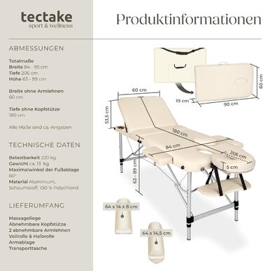 Масажний стіл Tectake®: складаний, регульований по висоті, з 3 зонами, для косметичних процедур, масажу та татуювання - білий | № 404635 (бежевий | № 404636)