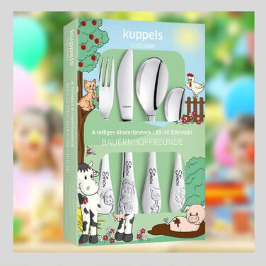 Дитячий столовий прилад Kinderbesteck Bauernhoffreunde з гравіюванням імені - персоналізований столовий прилад - індивідуальний хрещення для хлопчика/дівчинки - унікальний подарунок - набір з 4 частин