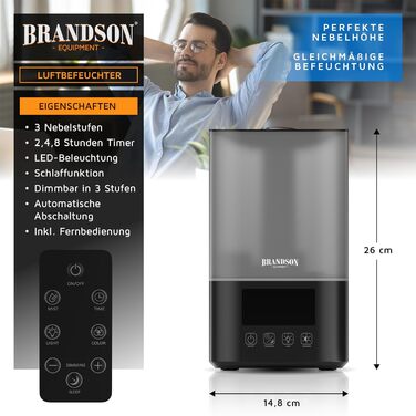 Зволожувач повітря Brandson 2.5л з керуванням від пульта, LED-підсвічуванням RGB та тихим мотором 30dB - для спальні, дитячої, вітальні