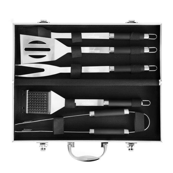 Набір гриль-посуду Lehmann з нержавіючої сталі в кейсі | Комплект аксесуарів для гриля з лопаткою, виделкою та щипцями | Ідеальний подарунок для чоловіків та жінок