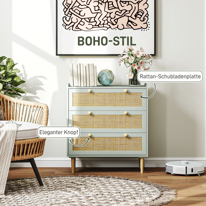 HOMCOM Bedside Table/Chest of Drawers with 3 Drawers, Sideboard with Boho Style, Rattan Look, Chest of Drawers for Living Room, Bedroom, Light Blue 80 x 40 x 87.5 cm | Aosom