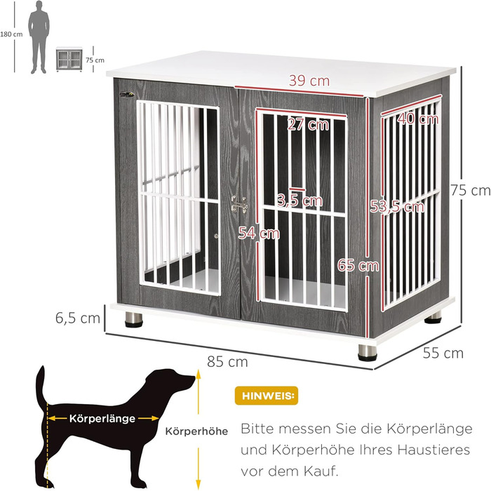 Будка для собак PawHut - дерев'яний вольєр для собак середніх та маленьких порід, 85 x 55 x 75 см, сірий+білий
