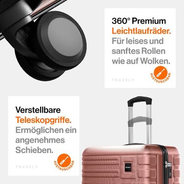 Набір валіз Travely з полікарбонату: 77см, 67см, ручна поклажа, TSA-замок, рожеве золото