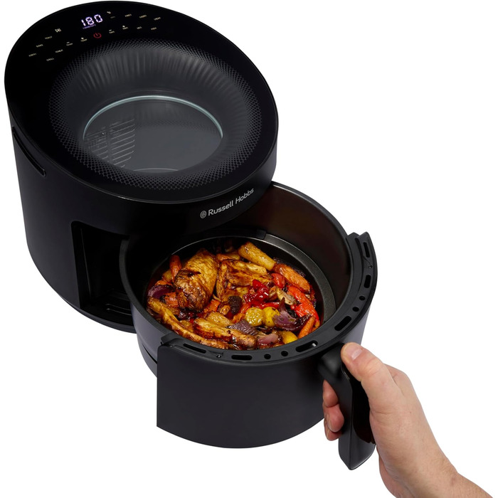 Russell Hobbs Hot Air Fryer 5L [10 Programs | with Viewing Window] AirFryer (Oil-Free Frying, Frying, Grilling, Roasting, Baking, max 200°C, Dishwasher Safe, Black) SatisFry Panoramic 27420-56
