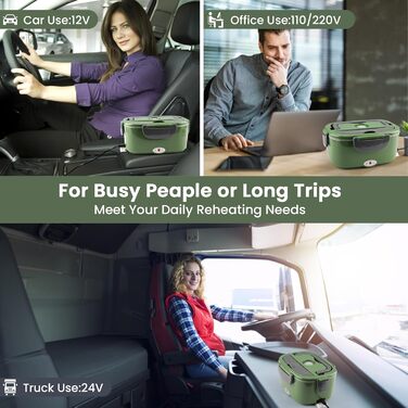 Electric Lunch Box 100W, 3-in-1 Portable Heated Lunch Box, 1.5L Stainless Steel Removable Food Container, 12V/24V/220V Insulated Food Warmer Box for Car/Truck/Office (Green & Gray, 1.5 L)