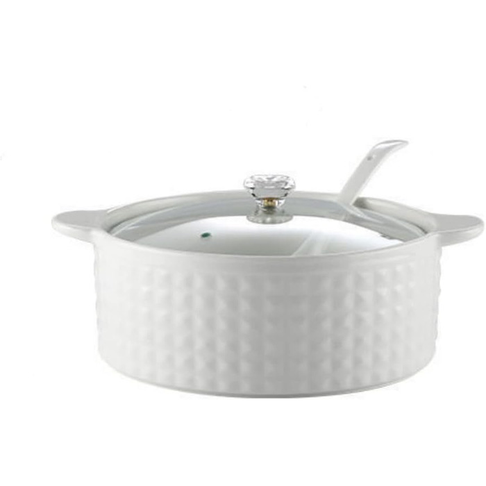 Soup tureen with lid and ladle set, 2L ceramic serving bowl with glass lid, serving dishes with double handles, porcelain, white, microwave and dishwasher safe