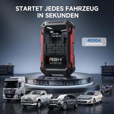 Пауербанк для прикурювання RSH 12V 4000A з компресором 150 PSI, пусковий пристрій для бензину до 9.0л та дизеля до 6.5л, 4-в-1 для автомобіля: прикурювання, помпа, Power Bank 10000 mAh, LED ліхтар, чорний